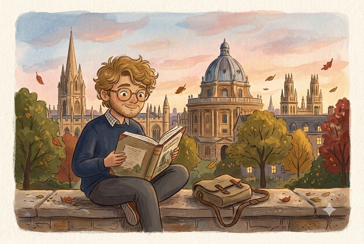 Reading a book in front of Oxford's spires