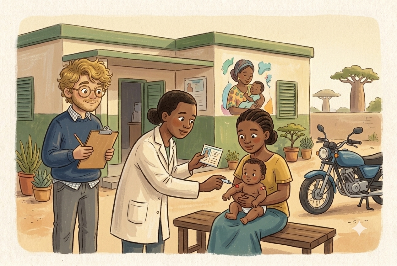 Data collection at a health center where a health worker vaccinates a baby