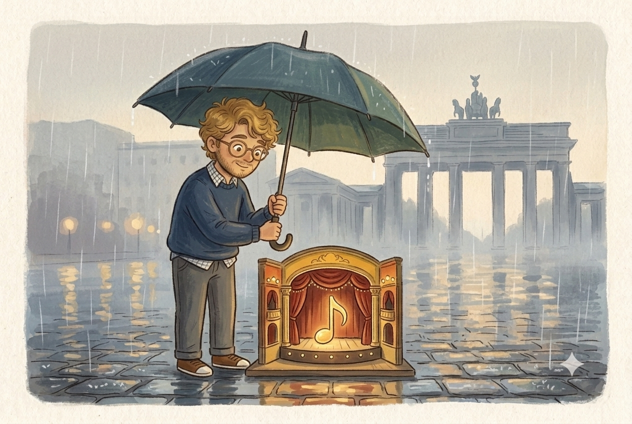 Holding an umbrella over a small stage while it rains — a backstop for culture